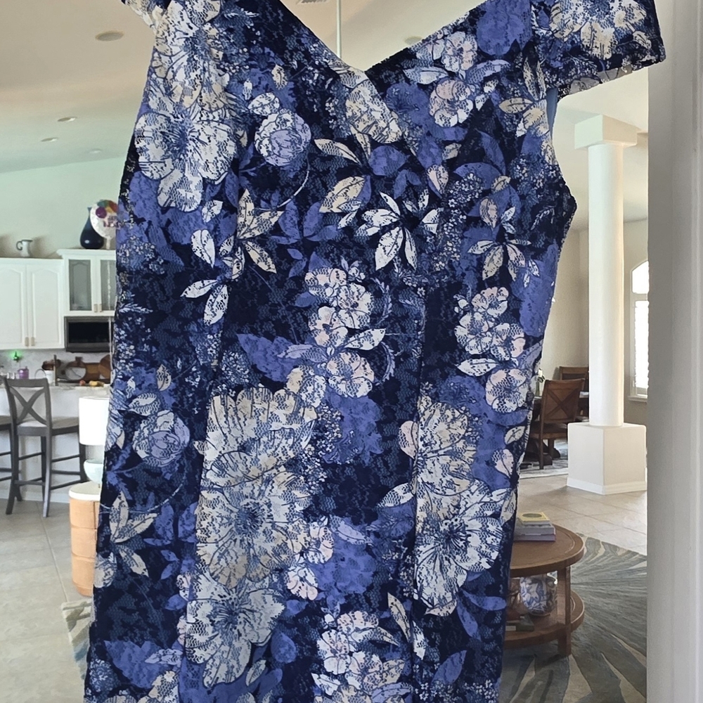 SLNY Light Blue Dress with Navy and Cream Lace Accents